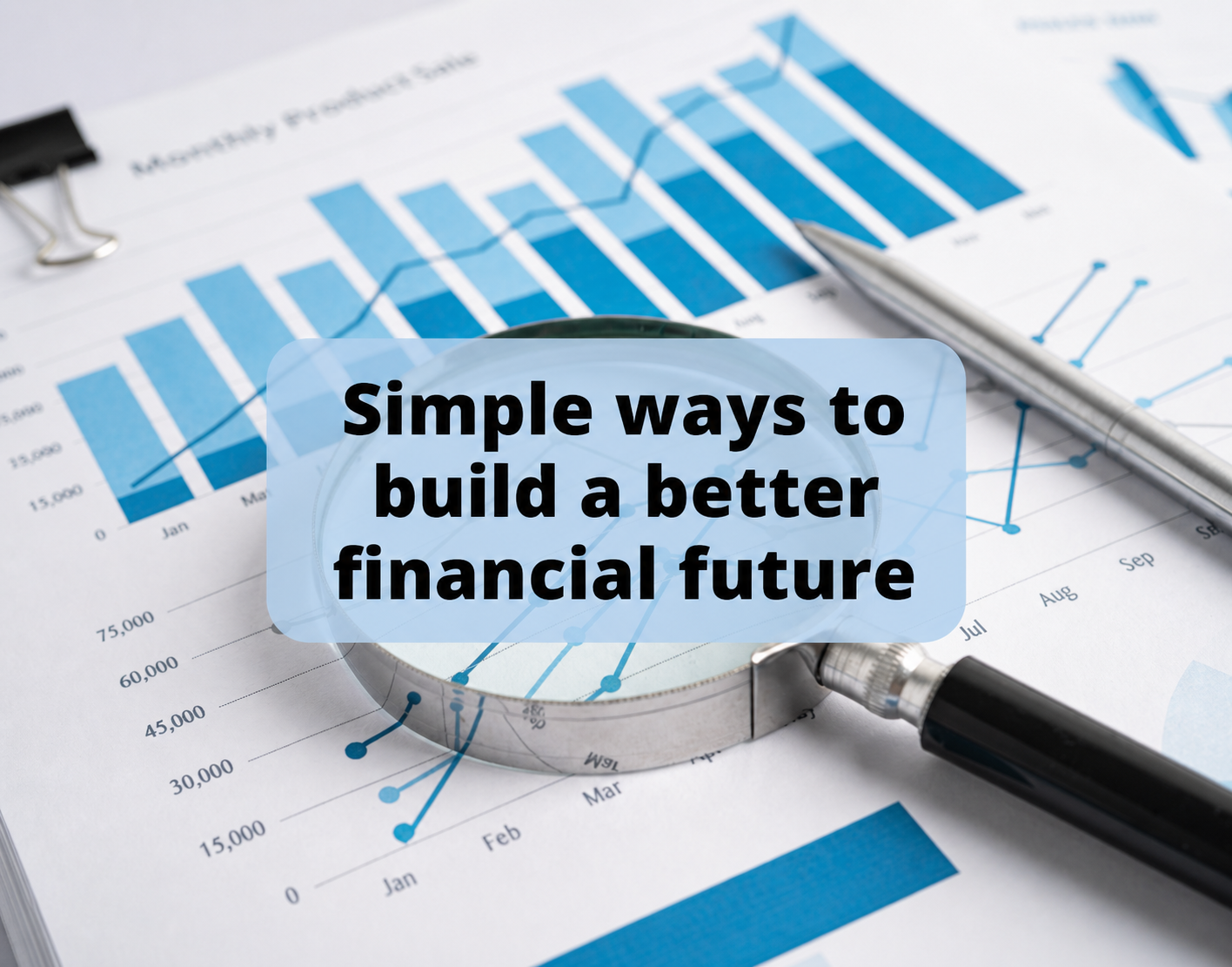 Financial charts and magnifying glass with the text Simple ways to build a better financial future